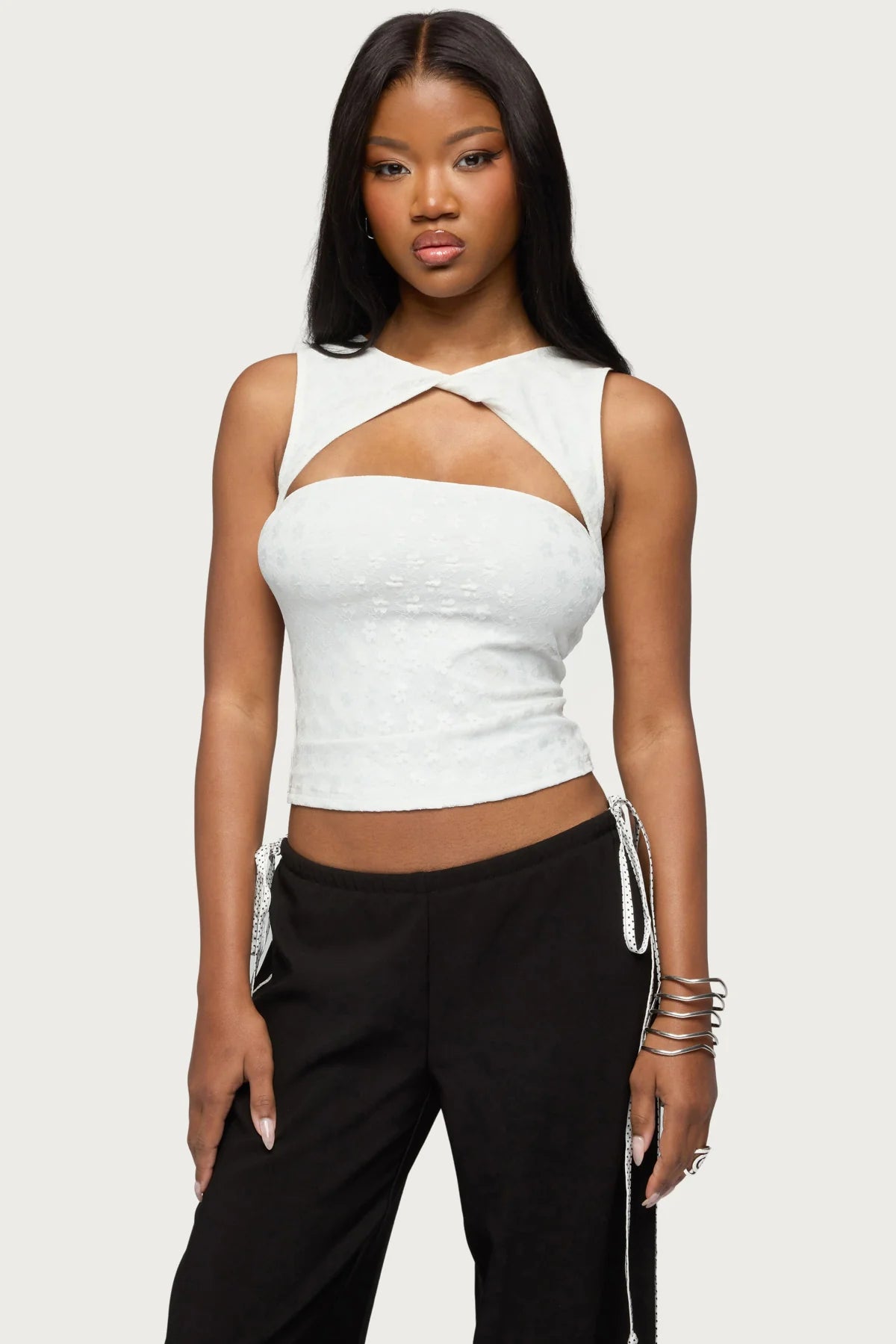 Elisia Twist Cutout Flower Lace Top