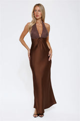 Wardrobe Defined Halter Satin Maxi Dress Brown