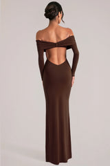 Off-Shoulder Long-Sleeve Maxi Dress in Chocolate Brown