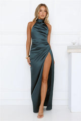 Satin Sophistication Halter Maxi Dress Green