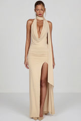 Soft-Jersey Plunge Halterneck Maxi Dress in Champagne