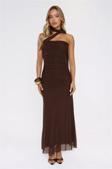 Evening Allure Mesh Strapless Maxi Dress Brown