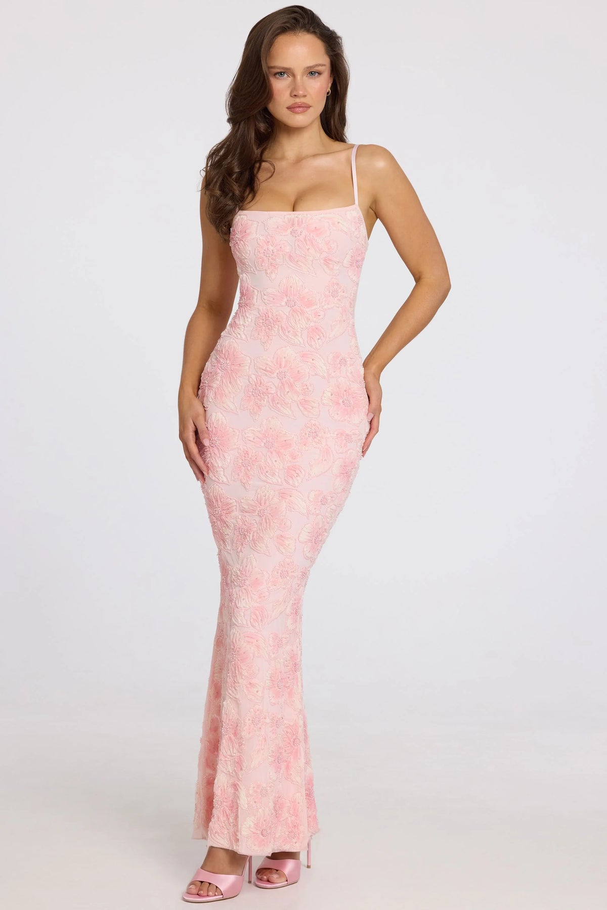 Embellished Square-Neck Maxi Dress in Soft Pink Ombre