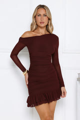 Serve The Look Mesh Long Sleeve Mini Dress Wine