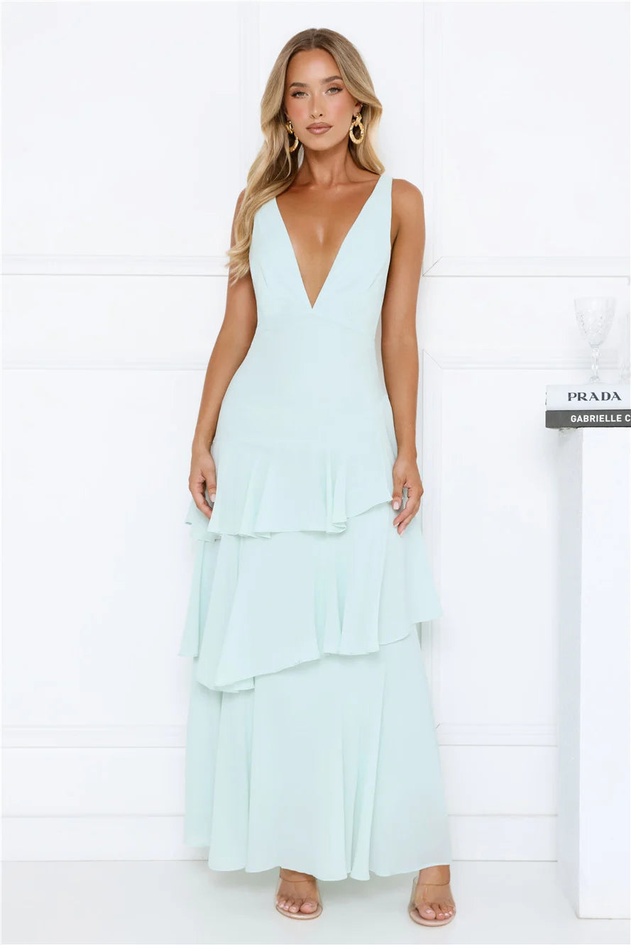 Goddess Glamour Tiered V-Neck Maxi Dress Mint