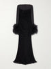 Layered lace and feather-trimmed crepe de chine maxi dress