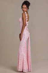Embellished Open-Back Maxi Dress in Baby Pink