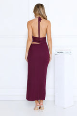 Haute Mode Mesh Halter Maxi Dress Plum