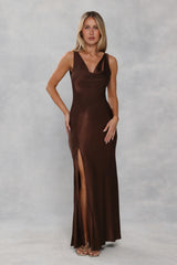 The Loretta Cowl Satin Maxi Dress Chocolate Brown