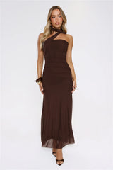 Evening Allure Mesh Strapless Maxi Dress Brown