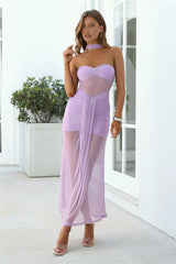 Shimmer Sheer Strapless Maxi Dress Lilac