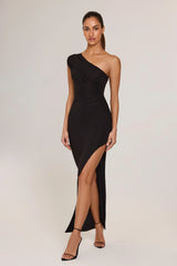 Modal Asymmetric Ruched Maxi Dress in Black