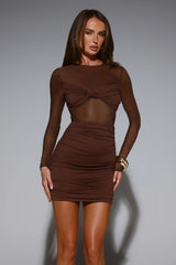 Club Nights Long Sleeve Mesh Mini Dress Chocolate