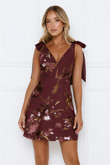 Romantic Floral Tie Shoulder Mini Dress Burgundy