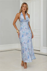 Dreamy Bloom Halter Cowl Maxi Dress Blue
