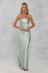 The Seraphina Strapless Satin Maxi Dress Sage Green