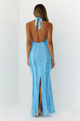 Frills Please Halter Maxi Dress Blue