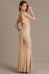 Embellished Open-Back Maxi Dress in Gold