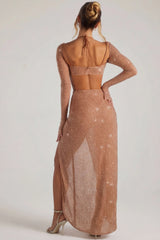 Embellished Cowl Neck Maxi Dress in Latte
