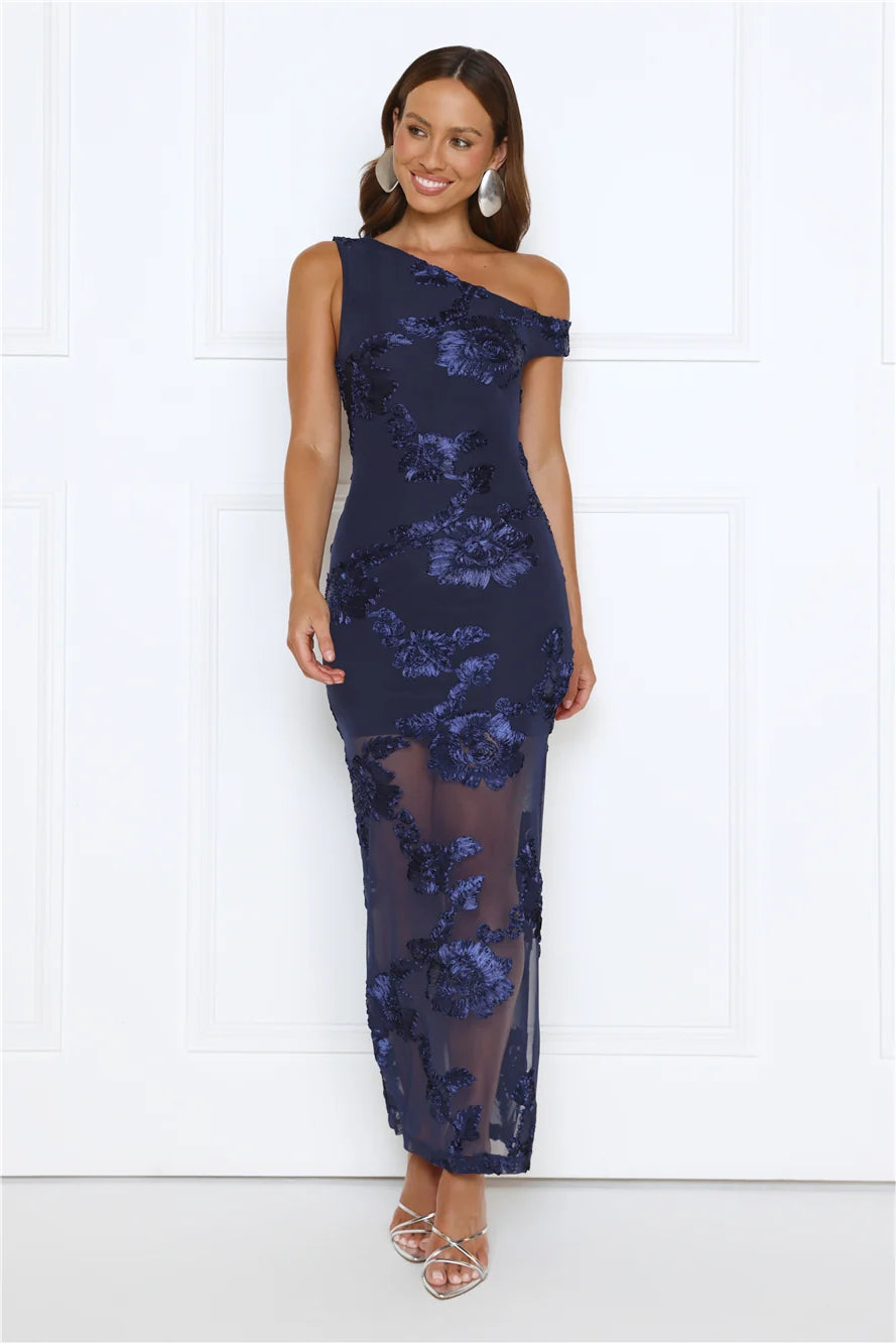 Bloom Soirée Off Shoulder Maxi Dress Navy