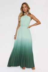 Wave Bloom Halter Pleated Maxi Dress Green