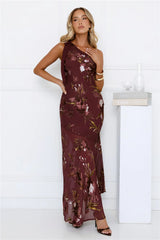 Opulent Bloom One Shoulder Maxi Dress Burgundy