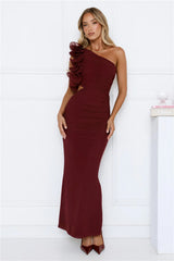 Luxe By Moonlight One Shoulder Mesh Maxi Dress Wine