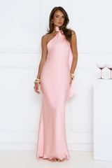 Cinnamon Glaze Halter Satin Maxi Dress Pink