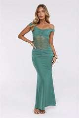 Grace Notes Off Shoulder Mesh Maxi Dress Teal