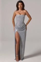 Embellished Bandeau Cowl-Waist Maxi Dress in Frost