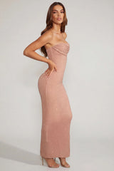 Embellished Bandeau Cowl Neck Maxi Dress in Caramel