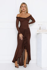 Lunar Twinkle Mesh Off Shoulder Maxi Dress Brown