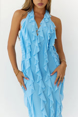 Frills Please Halter Maxi Dress Blue