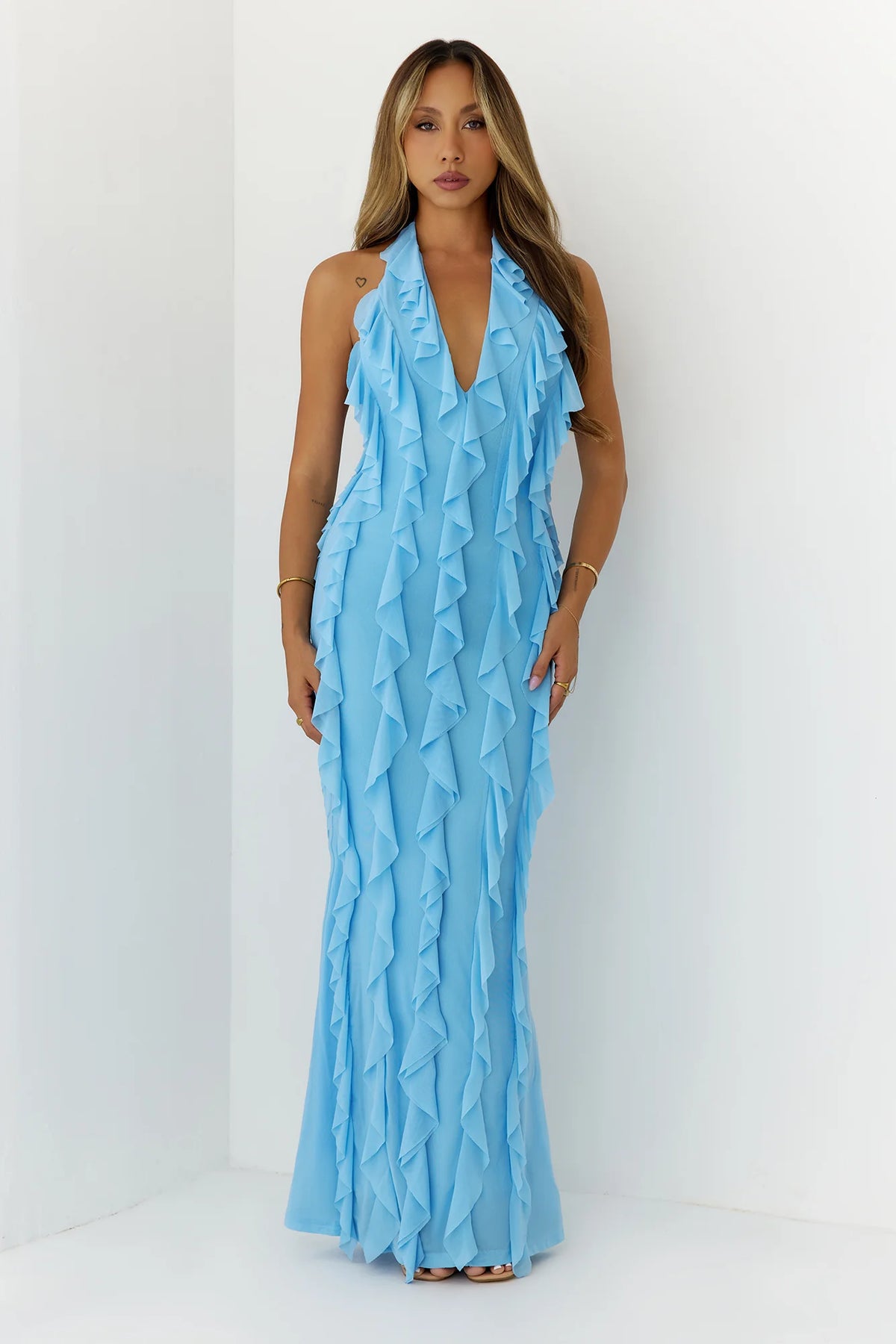 Frills Please Halter Maxi Dress Blue