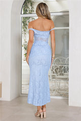 Wink Hour Lace Off Shoulder Maxi Dress Blue