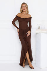 Lunar Twinkle Mesh Off Shoulder Maxi Dress Brown
