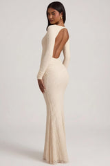 Ruched Backless Lace Maxi Dress in Ivory