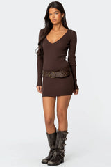 Ribbed Knit V Neck Mini Dress