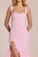 Lace Ruffle Maxi Dress in Blossom Pink