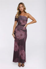 Mischief Glow Off Shoulder Mesh Maxi Dress Brown