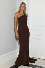 Sultry Drape One Shoulder Maxi Dress Chocolate