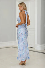 Dreamy Bloom Halter Cowl Maxi Dress Blue