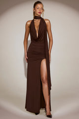 Soft-Jersey Plunge Halterneck Maxi Dress in Chocolate Brown