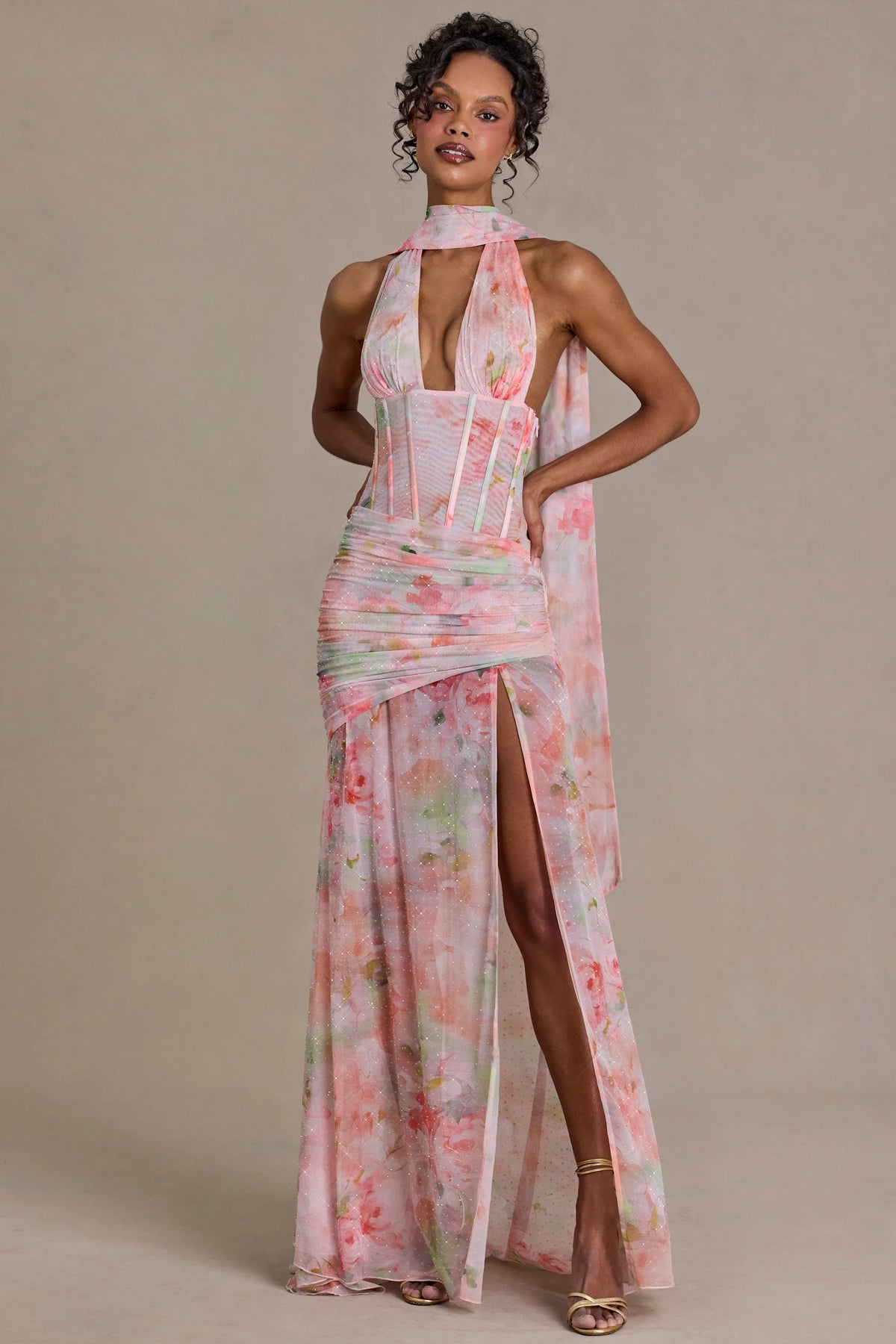 Embellished Scarf-Detail Maxi Dress in Pink Floral Print