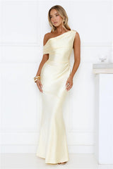 She’s A Dream Satin Off Shoulder Maxi Dress Yellow