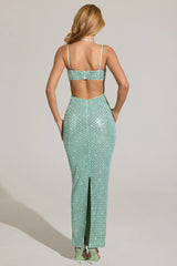 Embellished Cowl-Neck Maxi Dress in Aqua Blue