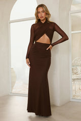 Twist Of Luxe Mesh Long Sleeve Maxi Dress Chocolate