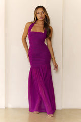 Evelyn Luxe Mesh Halter Maxi Dress Magenta