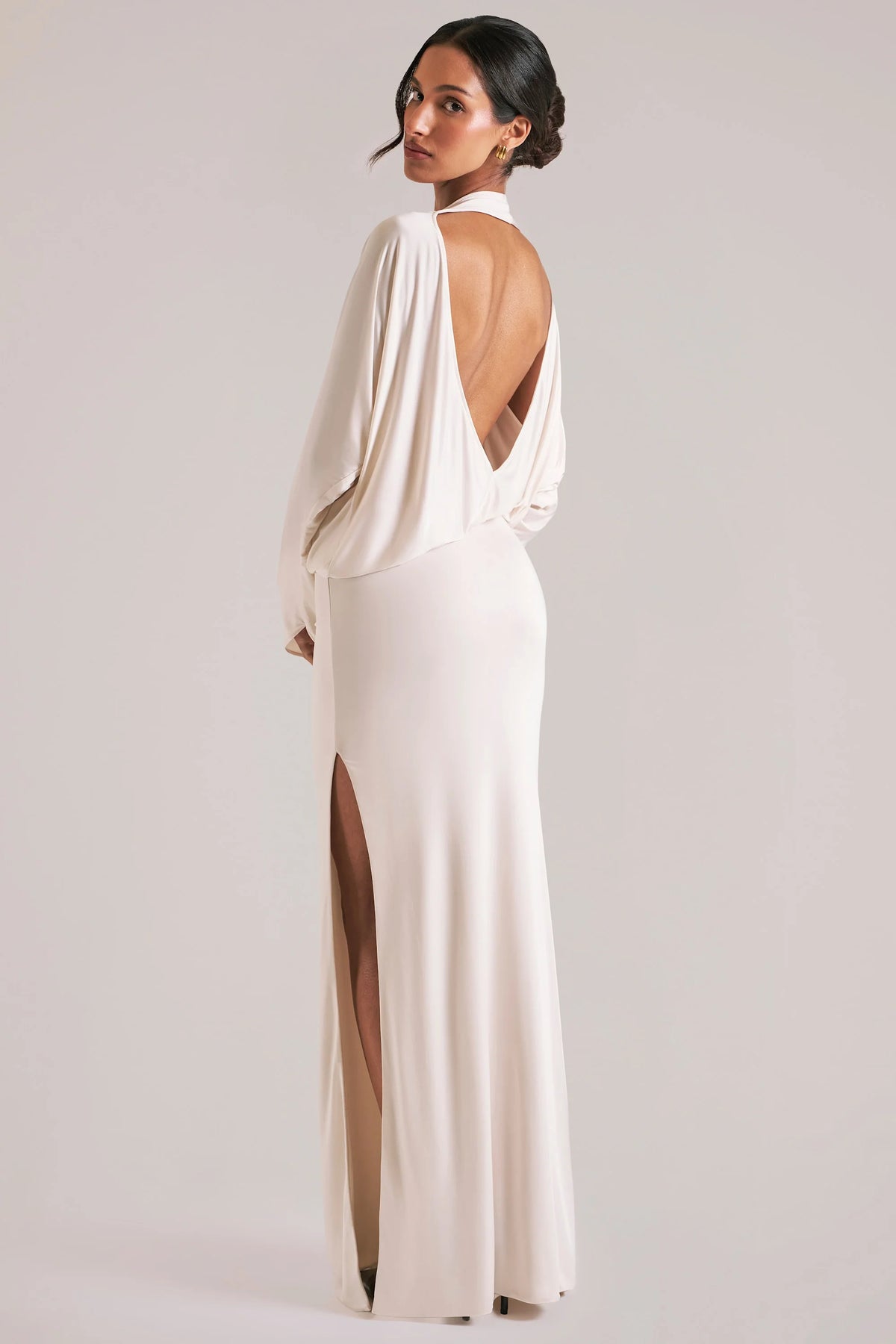Long-Sleeve Draped Maxi Dress in Vanilla