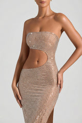 Embellished Cut-Out Bandeau Maxi Dress in Honey